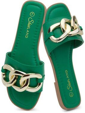 Women's Green Dressy Slides with Metal Chain Square Open Toe Sandal Summer Flat